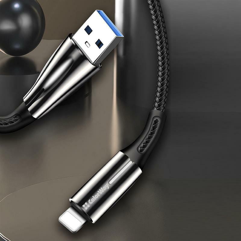 Кабель ColorWay USB - Lightning (M/M), 2.4 А, Zinc Alloy + Led, 1 м, Black (CW-CBUL035-BK)