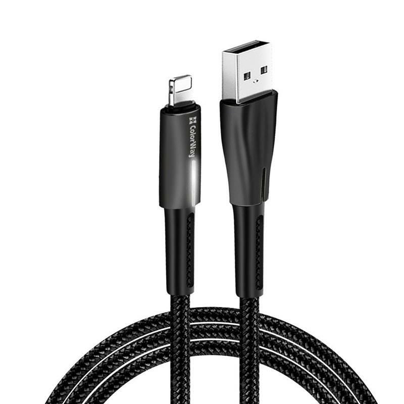 Кабель ColorWay USB - Lightning (M/M), 2.4 А, Zinc Alloy + Led, 1 м, Black (CW-CBUL035-BK)