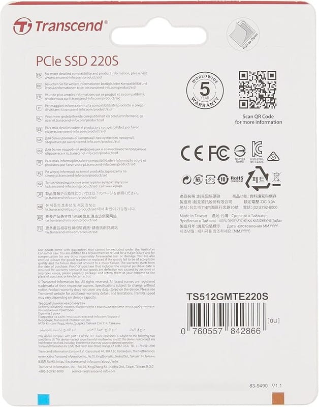 Накопитель SSD  512GB Transcend 220S M.2 2280 PCIe 3.0 x4 3D TLC (TS512GMTE220S)