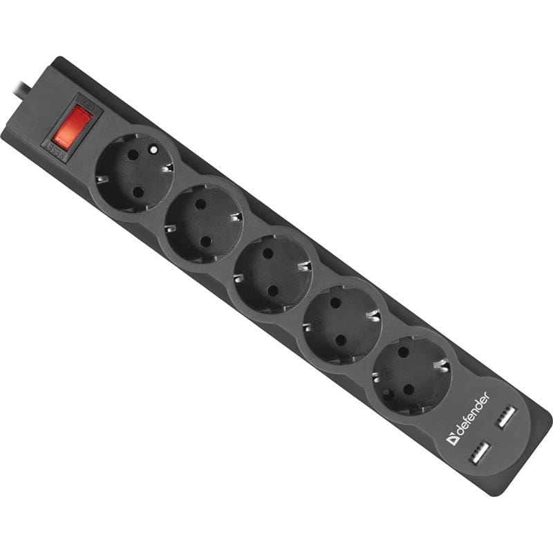 Фильтр питания Defender DFS 751, 2xUSB, 2.1A, 1.8 м, 5 розеток, черный (99751)