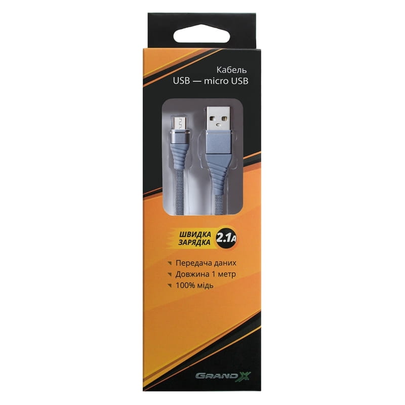 Кабель Grand-X USB - micro USB (M/M), Cu, 2.1 A, 1.2 м, Grey (NM012GR)