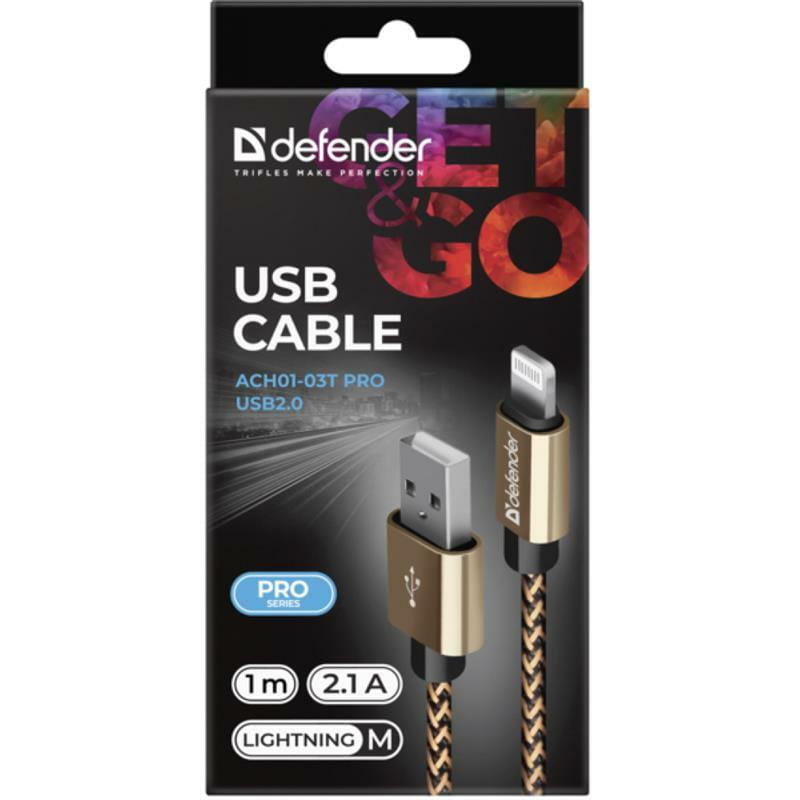 Кабель Defender ACH01-03T Pro USB-Lighting 1м, 2.1А, Gold (87806)