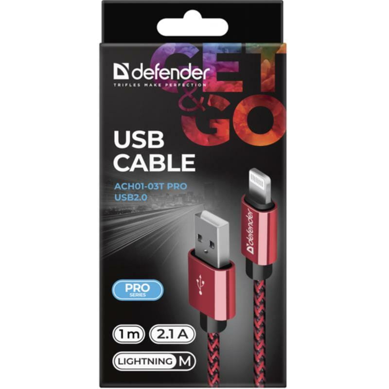 Кабель Defender ACH01-03T Pro USB-Lighting 1м, 2.1А, Red (87807)