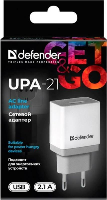 Мережевий зарядний пристрій Defender UPA-21 (1xUSB 2.1A) White (83571)