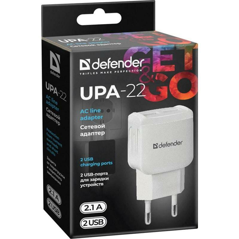 Сетевое зарядное устройство Defender UPA-22 (2xUSB 2.1А) White (83580)