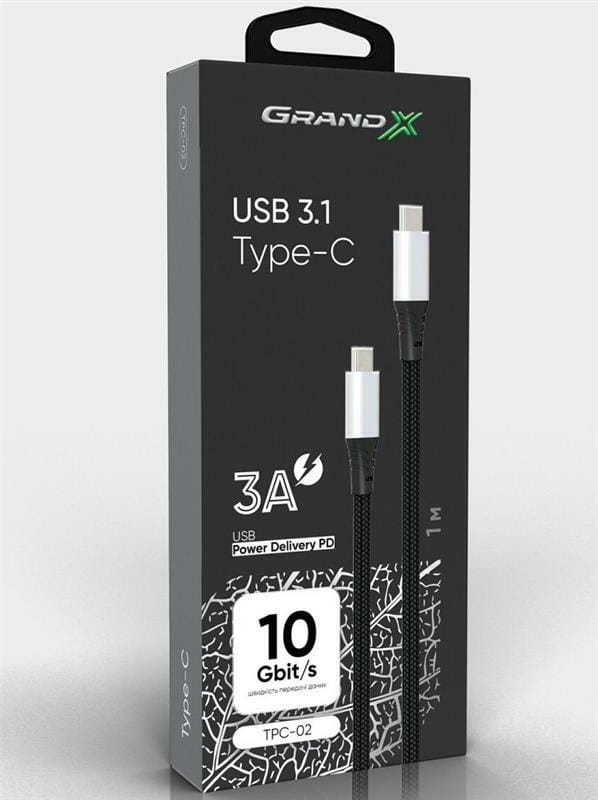 Кабель Grand-X USB Type-C - USB Type-C (M/M), Power Delivery, 65 W, 1 м, Black (TPC-02)