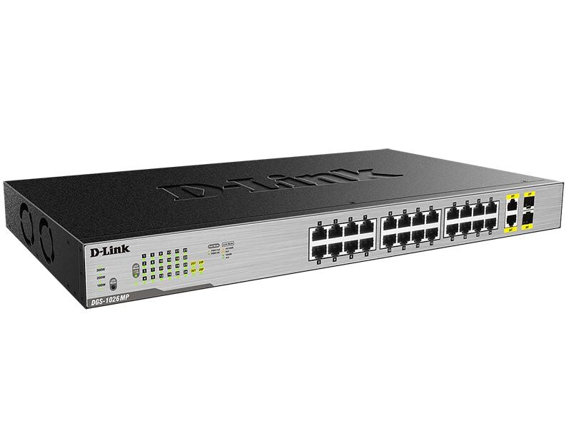 Комутатор D-Link DGS-1026MP (24x1GE c PoE, 2x1GE/SFP PoE 802.3af/at 370Вт, Некерованний)