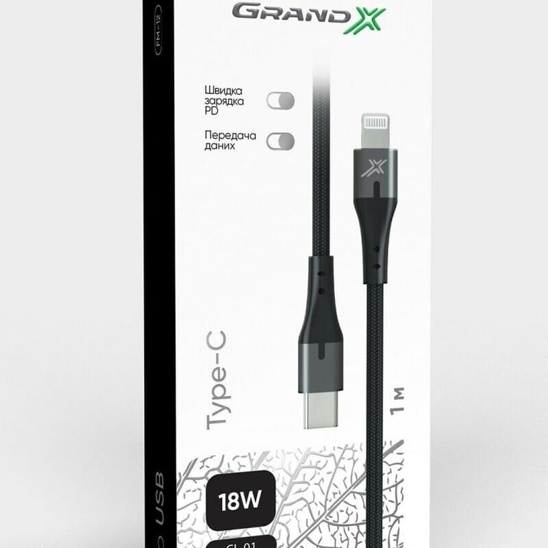 Кабель Grand-X USB Type-C - Lightning (M/M), MFI, Power Delivery 18W, 1 м, Gray (CL-01)