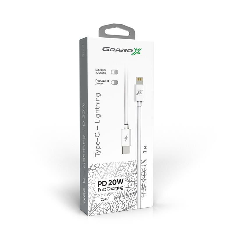 Кабель Grand-X USB Type-C - Lightning (M/M), Power Delivery, 20 W, 1 м, White (CL-07)