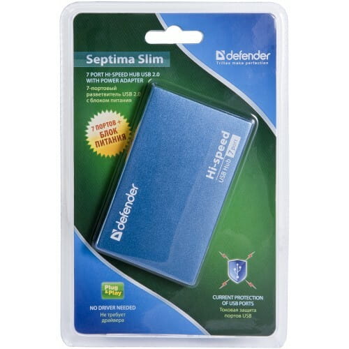 Концентратор USB2.0 Defender Septima Slim Blue (83505) 7хUSB2.0 + бж