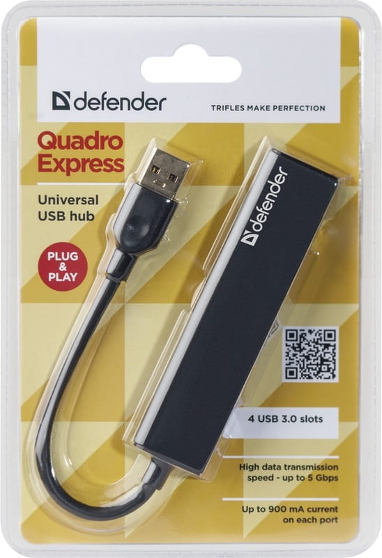 Концентратор USB3.0 Defender Quadro Express 4хUSB3.0 Black (83204)