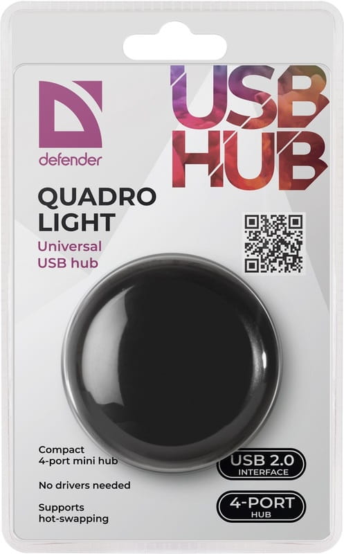 Концентратор USB2.0 Defender Quadro Light 4хUSB2.0 Black (83201)