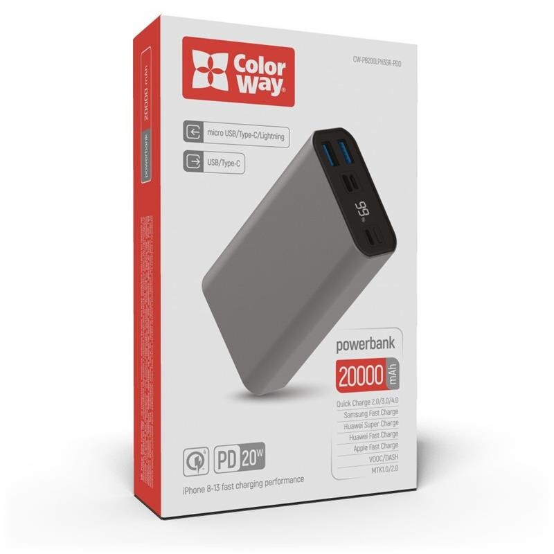 Универсальная мобильная батарея ColorWay 20000mAh Gray (CW-PB200LPH3GR-PDD)