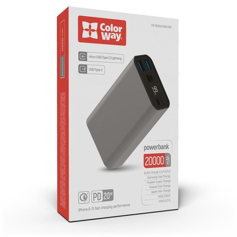 Универсальная мобильная батарея ColorWay 20000mAh Gray (CW-PB200LPH3GR-PDD)