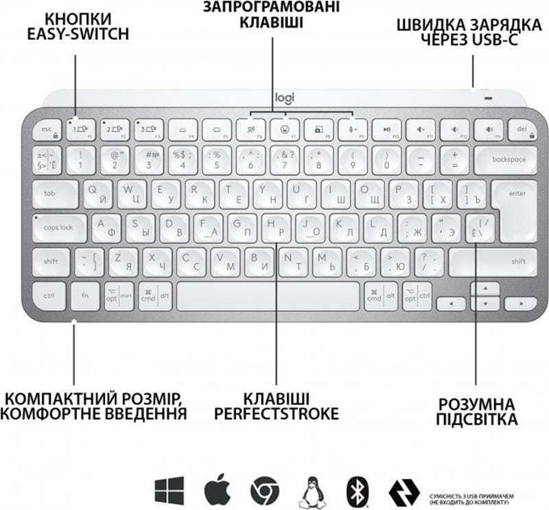 Клавиатура беспроводная Logitech MX Keys Mini Wireless Illuminated UA Pale Gray (920-010499)