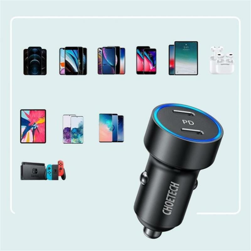 Автомобильное зарядное устройство Choetech (2xUSB Type C) PD3.0 QC3.0 AFC 36W 2.4A (C0054)