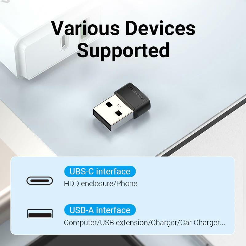 Переходник Vention USB  - USB Type-C V 2.0 (M/F) Black (CDWB0)