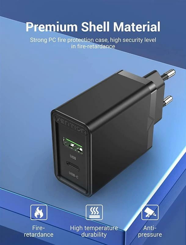 Сетевое зарядное устройство Vention USB Type C + QC4.0 (18-20W) Black (FBBB0-EU)