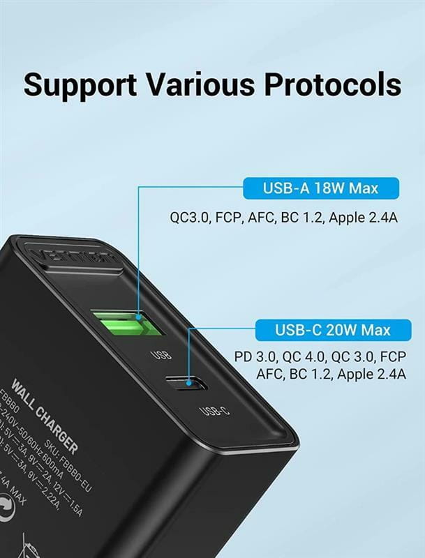 Сетевое зарядное устройство Vention USB Type C + QC4.0 (18-20W) Black (FBBB0-EU)
