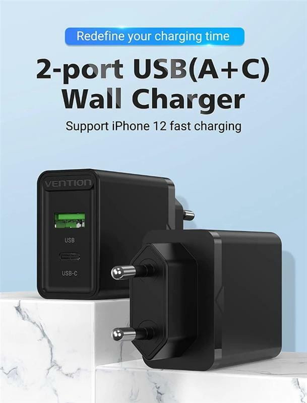 Сетевое зарядное устройство Vention USB Type C + QC4.0 (18-20W) Black (FBBB0-EU)