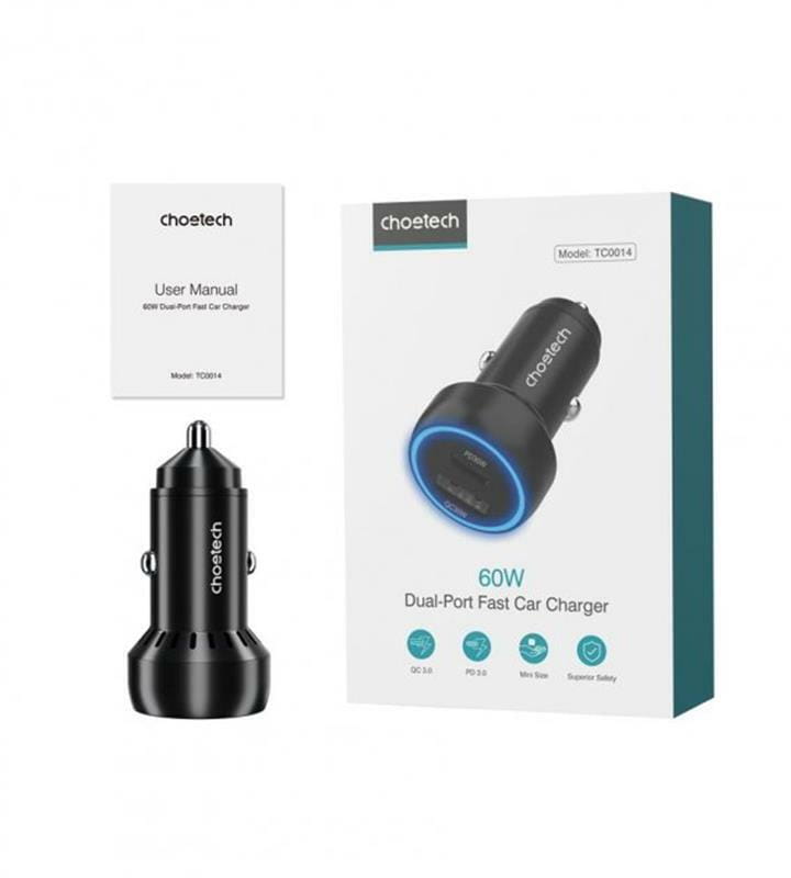 Автомобильное зарядное устройство Choetech (1USB Type C; 1USB) 60W PD3.0 QC3.0 Black (TC0014)