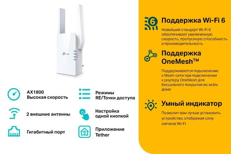 Точка доступа TP-Link RE605X (AX1800, 1xGE LAN, 2 внешние антены)