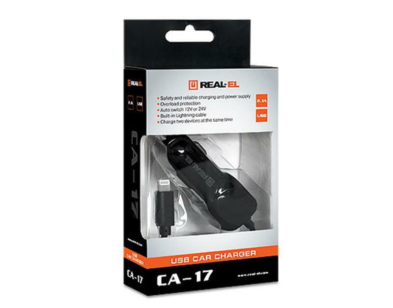 Автомобильное зарядное устройство REAL-EL CA-17 (2USB, 2.1A) Black + кабель Lightning