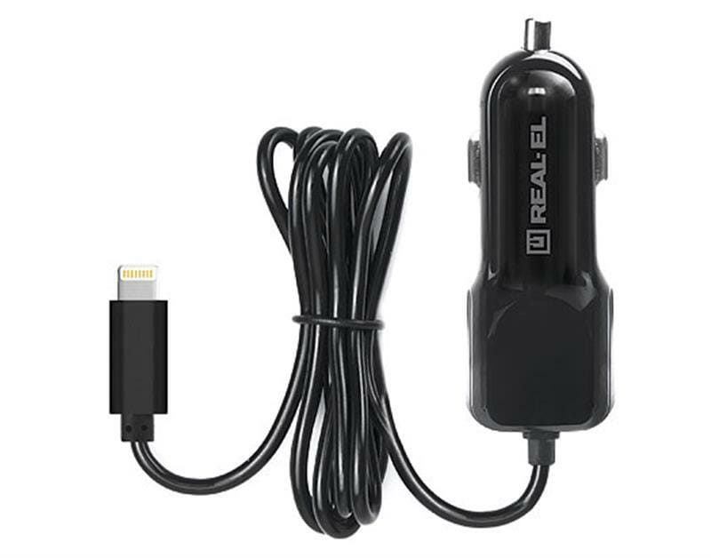 Автомобильное зарядное устройство REAL-EL CA-17 (2USB, 2.1A) Black + кабель Lightning