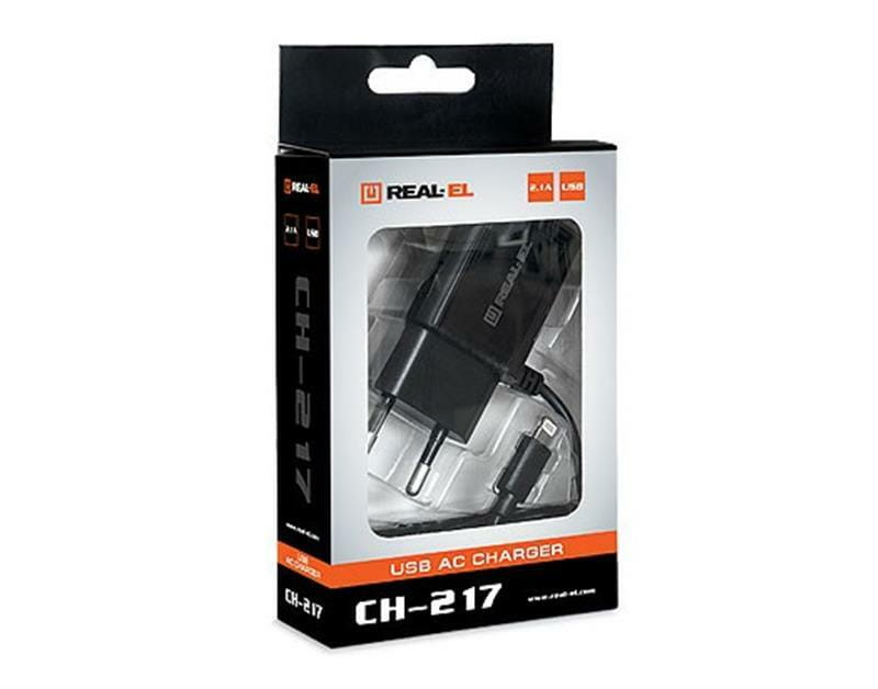 Сетевое зарядное устройство REAL-EL CH-217 (2USB, 2.1A) Black + кабель Lightning