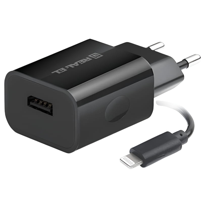 Сетевое зарядное устройство REAL-EL CH-217 (2USB, 2.1A) Black + кабель Lightning