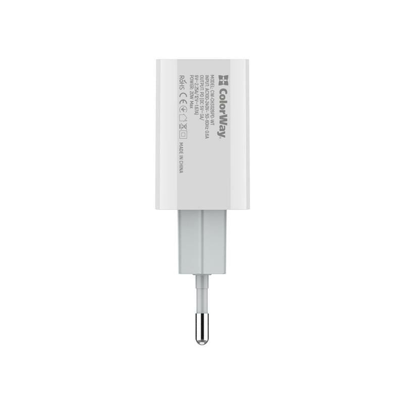 Сетевое зарядное устройство ColorWay (1USB Type-C PDx3A) White (CW-CHS026PD-WT)