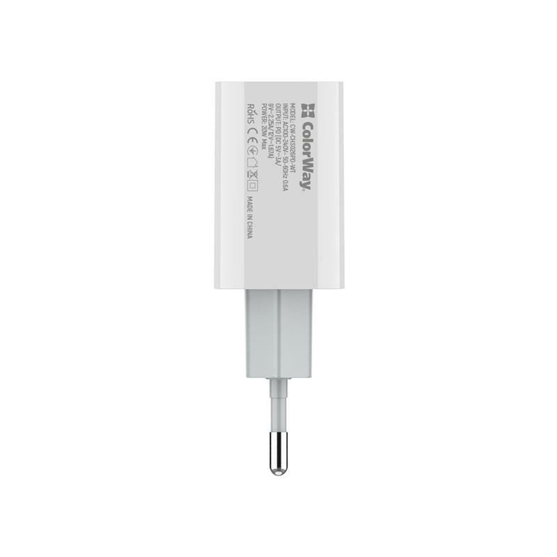Мережевий зарядний пристрій ColorWay (1USB Type-C PDx3A) White (CW-CHS026PD-WT)
