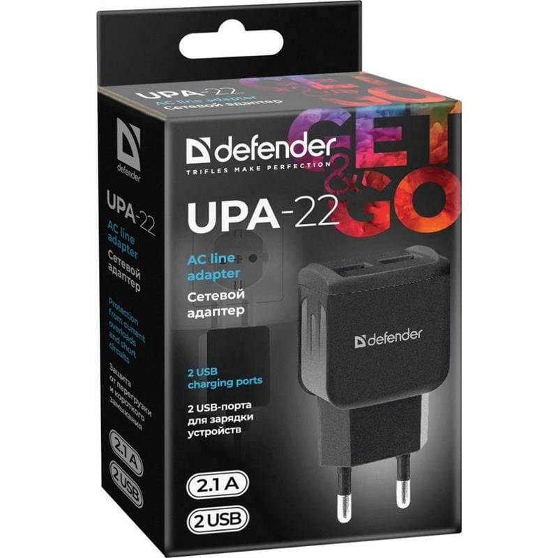 Сетевое зарядное устройство Defender UPA-22 (2xUSB 2.1A) Black (83579)