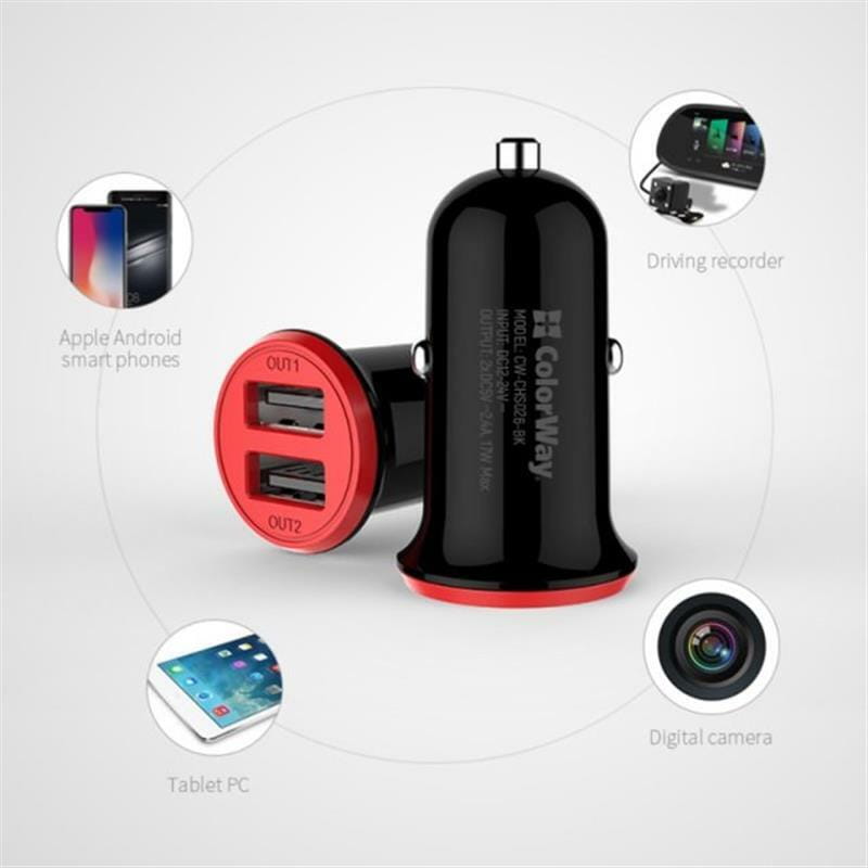 Автомобільний зарядний пристрій ColorWay (2USB,3.4A, 17W) Red/Black (CW-CHA026-BK)