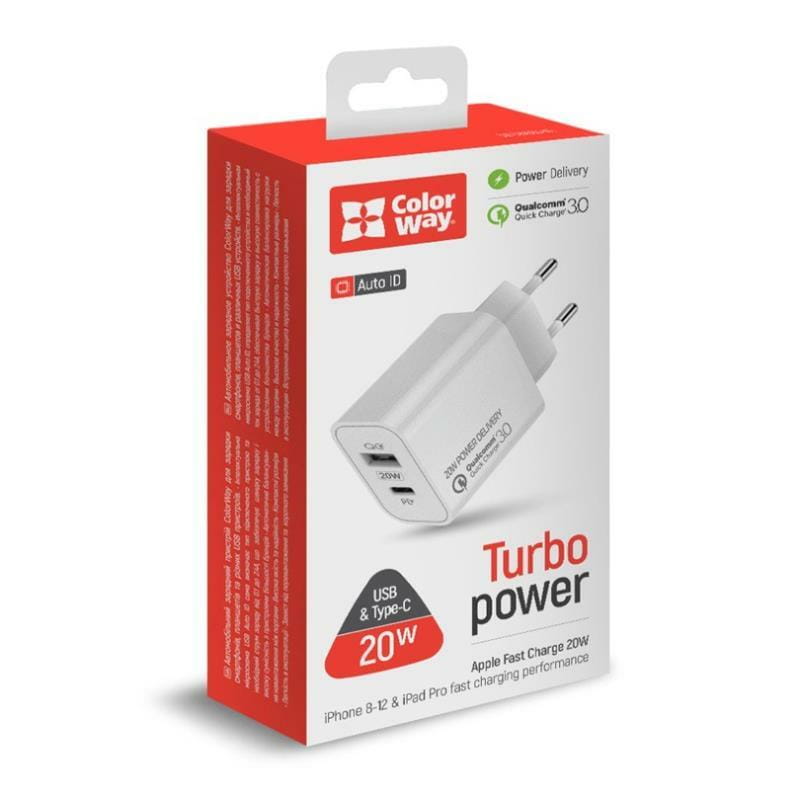 Сетевое зарядное устройство ColorWay (1USB Type-C PDx3A;1USBx4A) White (CW-CHS025QPD-WT)