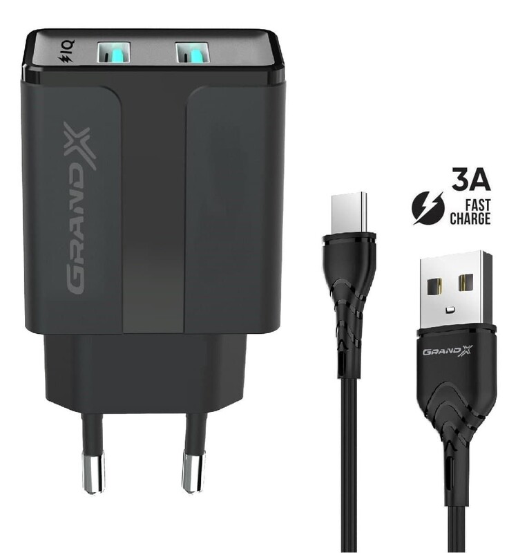 Сетевое зарядное устройство Grand-X (2xUSB 2.4A) Black (CH-15T) + кабель USB-C