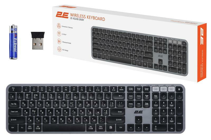 Клавіатура бездротова 2E KS240 WL BT Gray (2E-KS240WG)