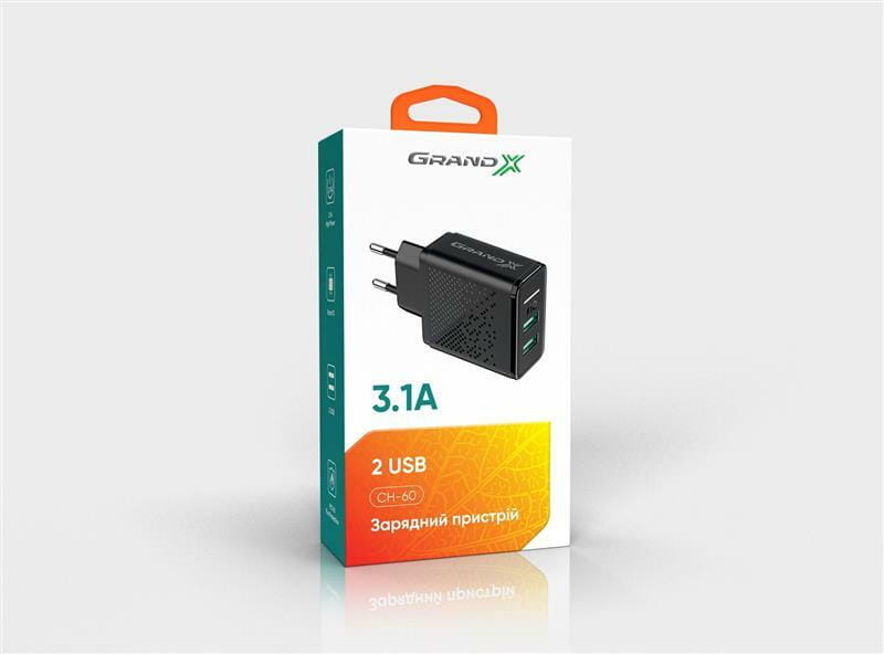 Сетевое зарядное устройство Grand-X CH-60 (2xUSB 3.1А) Black