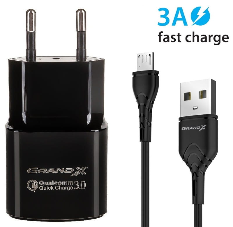 Сетевое зарядное устройство Grand-X CH-550BM (1xUSB 3.6В-12В/1.5А-3А) Black + кабель MicroUSB