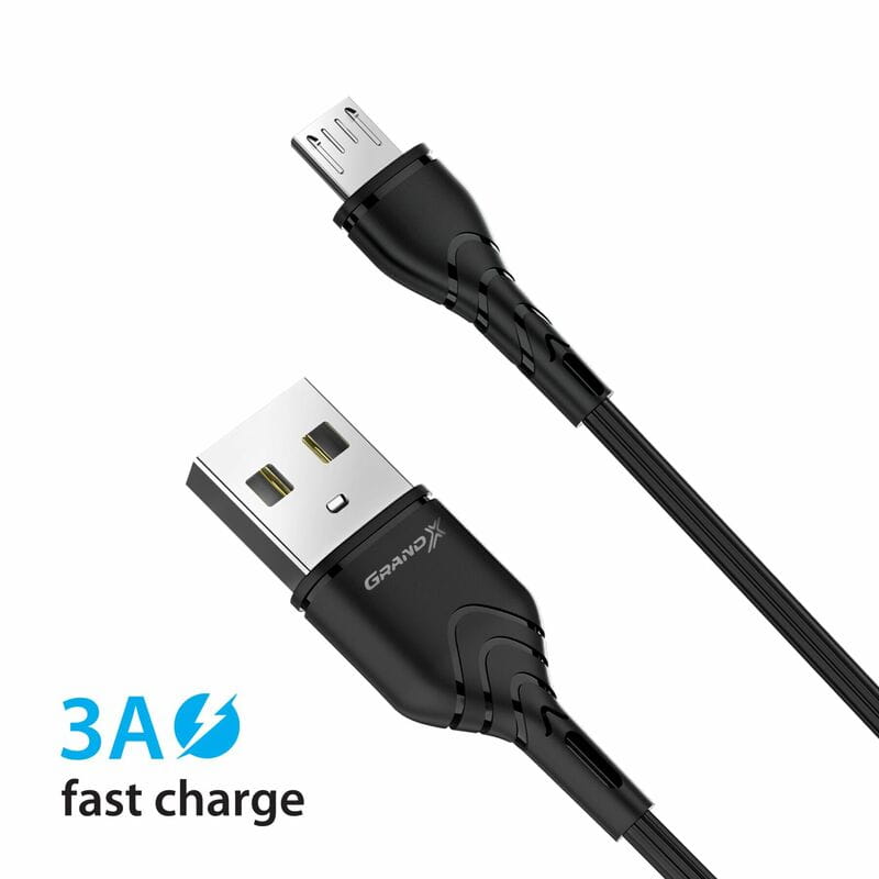 Сетевое зарядное устройство Grand-X CH-550BM (1xUSB 3.6В-12В/1.5А-3А) Black + кабель MicroUSB