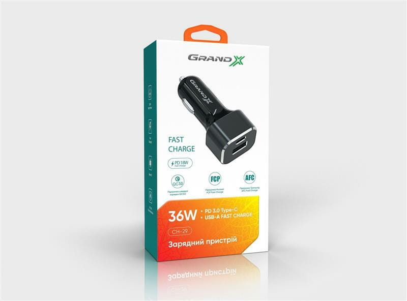 Автомобильное зарядное устройство Grand-X (1хTypeC, 1хUSB3.1) PD 3.0, QС 3.0, AFC, FCP 36W Black (CH-29)