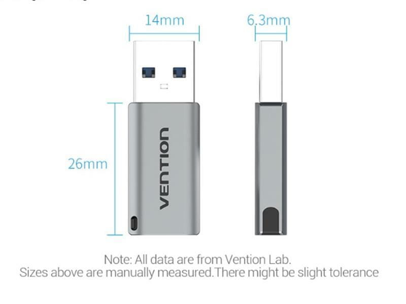 Адаптер Vention USB - USB Type-C V 3.0 (M/F) Gray (CDPH0)
