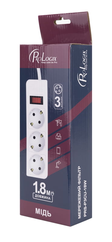 Фильтр питания ProLogix (PRS-P3CU-18W) 3x1.0мм2 медь , 3 розетки, 1.8 м, белый