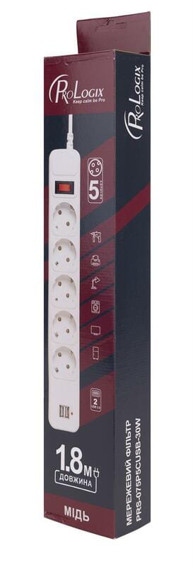 Фильтр питания ProLogix (PRS-075P5CUSB-18W) 0.75 мм медь , 5 розеток, 1.8 м, 2xUSB 3.0, белый