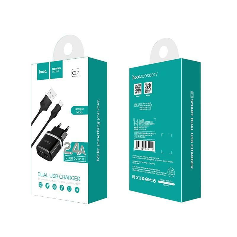 Зарядное устройство Hoco C12 Smart (2USB, 2.4А) Black (6957531064114) + кабель MicroUSB