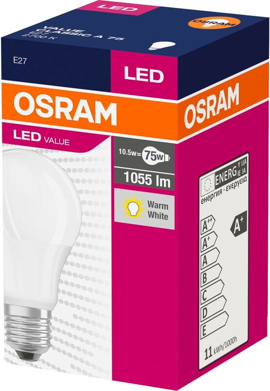 Лампа світлодіодна Osram LED VALUE Е27 10.5-75W 2700K 220V A75 (4052899971028)