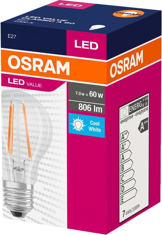 Лампа світлодіодна Osram LED Value Е27 7-60W 4000K 220V A60 Filament (4058075288645)