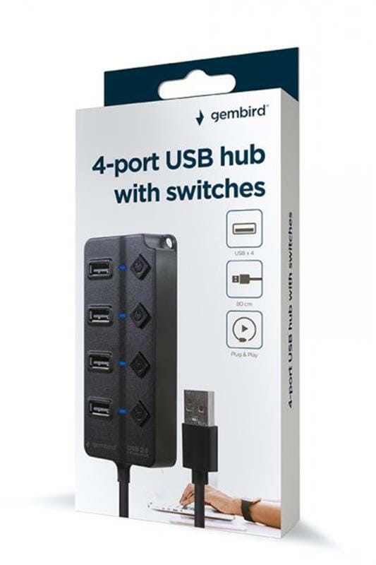 Концентратор USB 2.0 Gembird 4хUSB2.0, с выключателями, пластик, Black (UHB-U2P4P-01)