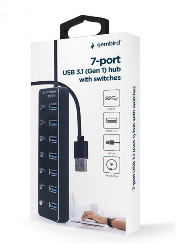 Концентратор USB 3.0 Gembird 7хUSB3.0, с выключателями, пластик/металл, Black (UHB-U3P7P-01)