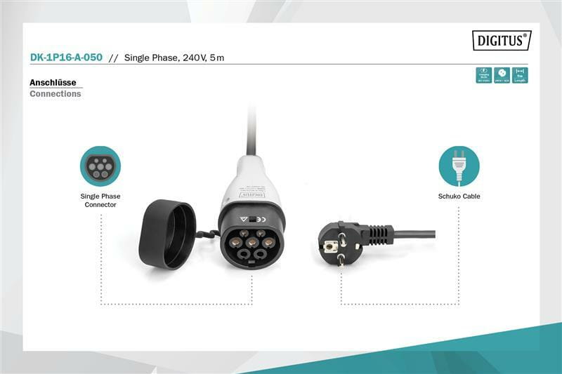 Зарядний кабель Digitus для електромобілів Schuko to Type 2, 8-16А, 3.7кВт, 1 фазний, 5м (DK-1P16-A-050)
